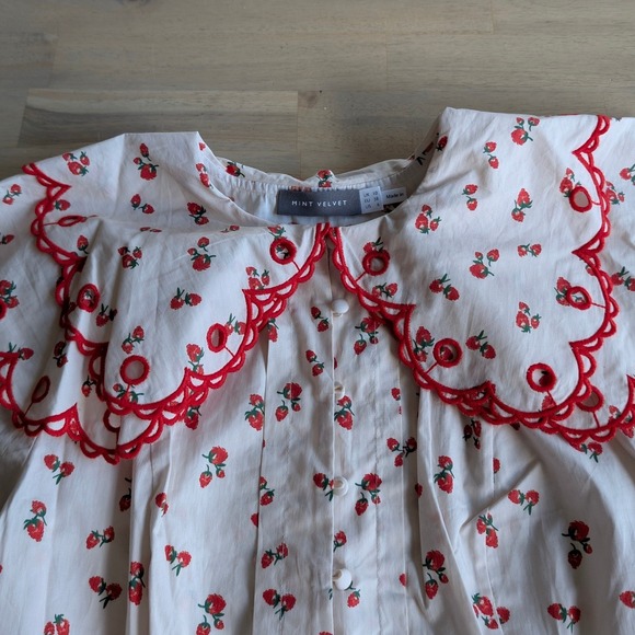 Mint Velvet Strawberry Print Scalloped Collar Blouse Pink/Red Women's Size 6 - Picture 6 of 12